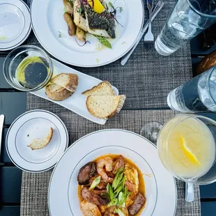 Shrimp and grits, sea bass and bread appetizer - all highly recommend!