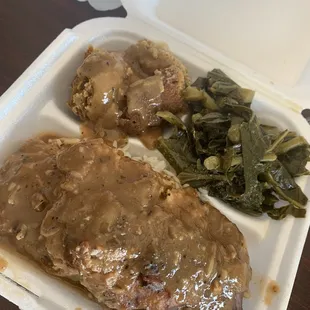 Country fried steak, dressing and collards