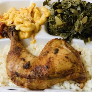 Baked Chicken Plate - Leg Quarter , Mac and Cheese and Collard Greens