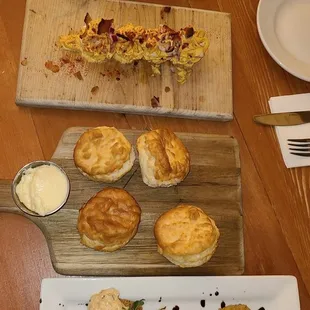 Fried tomatoes, homemade biscuits, deviled eggs, bread and warm cheese dip - all to die for!