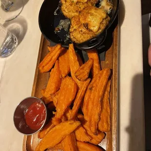 Crab cakes and sweet potato fries