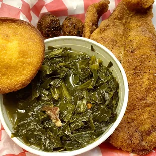 Smoked greens, cornbread and catfish.  DELICIOUS!