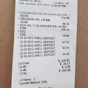 the receipt for the restaurant