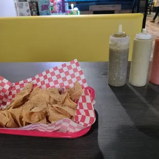 Chips and salsa (mildest to hottest)