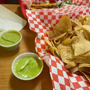 Chips and Guac ( You can see Birria tacos served without the Broth) :/