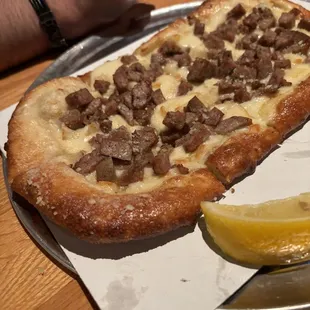 Saganaki Flatbread Pizza with Italian Sausage