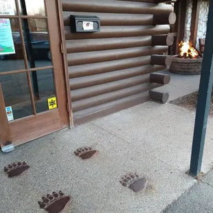 Grizzly bear paw prints leading up to entrance