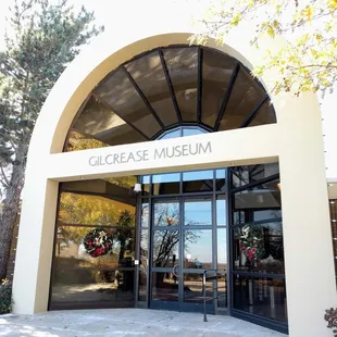 Front entrance decorated for the holidays.