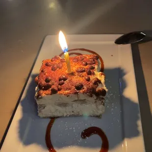 a piece of cake with a lit candle