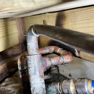 Water leak inside of the wall. Soldered new fittings together to repair lines.