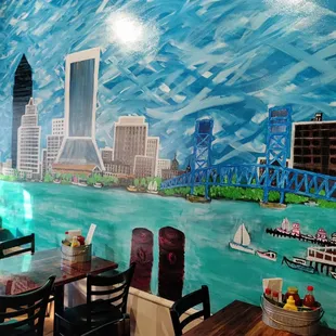 Cool piece of art depicting Jacksonville on the wall.