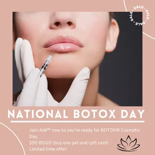 Buy One $50 gift card and get one $50 gift card. Unlock the BOGO offer here - https://botoxcosmeticday.alle.com/
