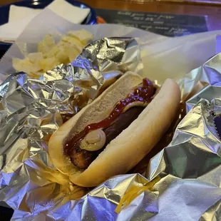 Muni dog $5.95 or something. Good lunch cool place. Always open. Rare around here these days!!