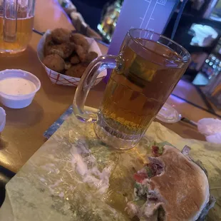 BLOAT sandwich, zucchini with ranch and a modelo.