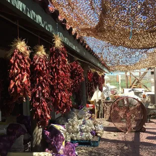 a market with hanging chilis
