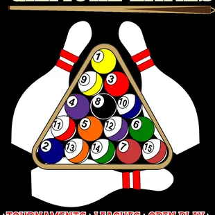 a billiards triangle with eight balls and a racket