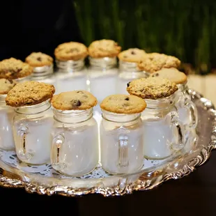Late night wedding snack: cookies and milk. Beautifully presented by Gil's Elegant Catering in Dallas TX.