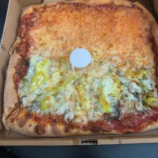 Half cheese/half onions, bell peppers, mushrooms and banana peppers