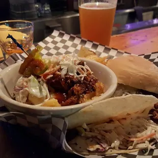 Pulled pork sundae, taco and slider.