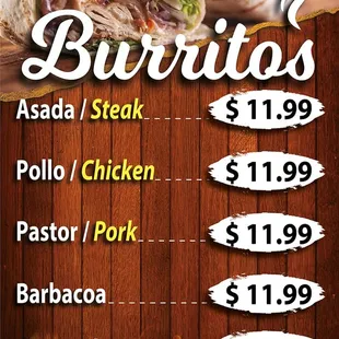 a menu for burritos