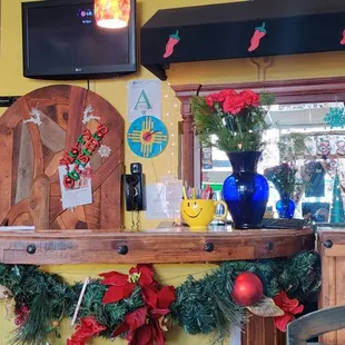 a bar decorated for christmas