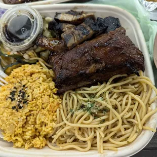 Grilled Pork Belly and St Louis BBQ Ribs with Java rice and garlic noodles