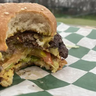 Gimme Burger $14 Double Wagu/Double Cheese Burgers come with shrettuce, onion, tomatoes, pickles, and Gimme sauce