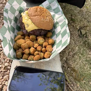 Burger with fried okra