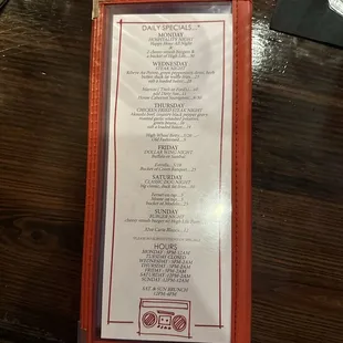 Daily Specials Menu as of 10/27/24