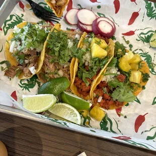 Carnitas, pastor, chicken street tacos