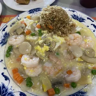 Shrimp with lobster sauce, fried rice and crab rangoons