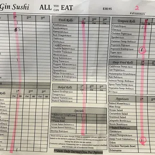 All you can eat menu