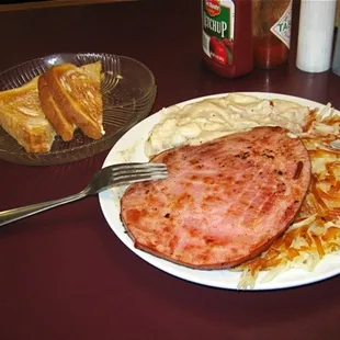 Ham steak and hash browns