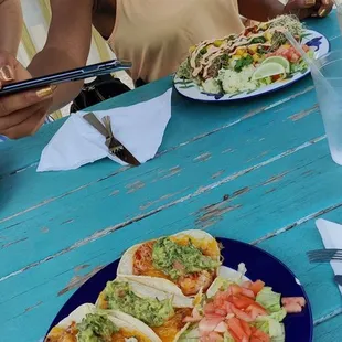 two plates of food on a blue table