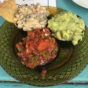 3 dip appetizer - salsa, guacamole, and corn and bean salsa