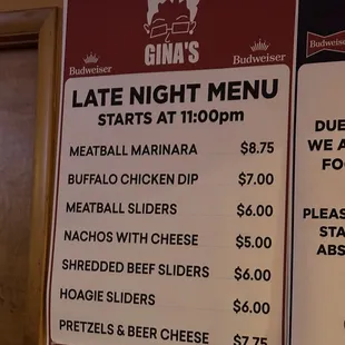 Late night menu