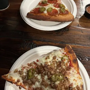 pep &amp; jalapeno; sausage &amp; jalapeno (regular slices; their jumbo slices are massive and the size of an entire box)