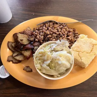 Vegetable plate - black eyed peas, fried potatoes, cabbage and cornbread