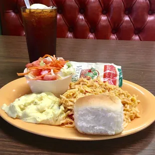 a plate of food and a drink