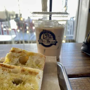 Ciabatta toast with butter and olive oil, iced Café latte