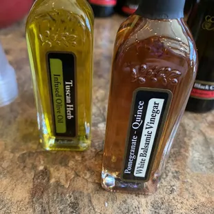 Oil and Vinegar in travel size bottles.