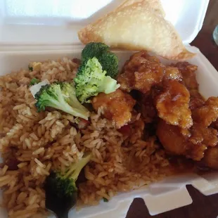 General's chicken, pork fried rice and crab Rangoon.