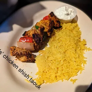 chicken skewers and rice