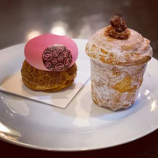 Strawberry lemon cream puff on the left and a chocolate cruffin on the right