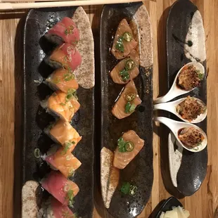 Scallop appetizer, salmon carpaccio, and rocket roll