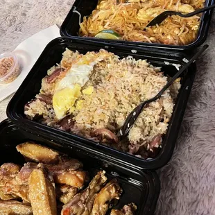 Chinese sausage and egg fried rice, ginger pop chicken wings, and pad Thai