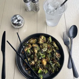 Brussel sprouts with black garlic and scallions