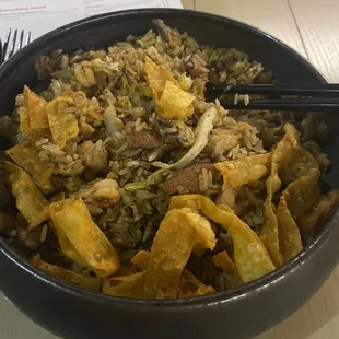 Crawfish boil fried rice.  Great Cajun flavoring, bites of crawfish and sausage.  Delicious!