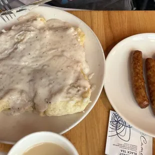 Biscuits &amp; gravy with link sausage.