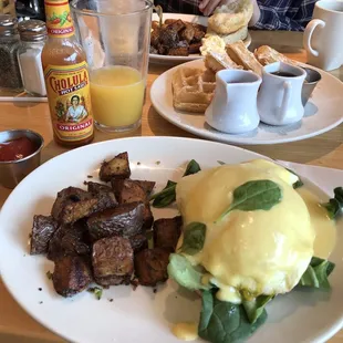 Salmon Benedict and Belgian waffle.